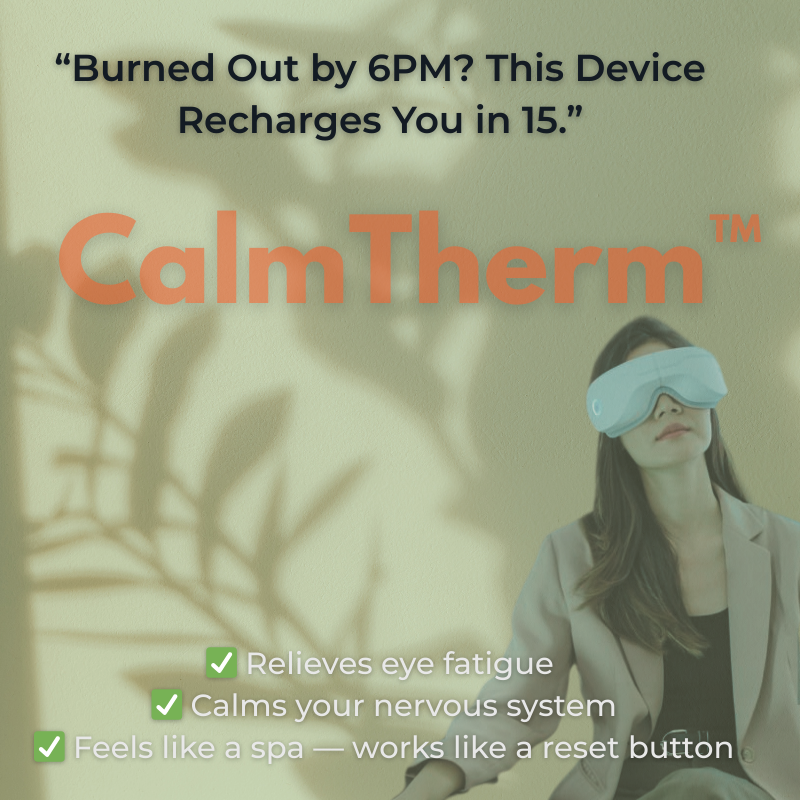 “Burned-out professional relaxing with CalmTherm device”